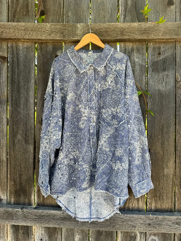 Women's Blouse with Low Collar"MOTHER TRUCKING" Bandana Shirt in DENIM