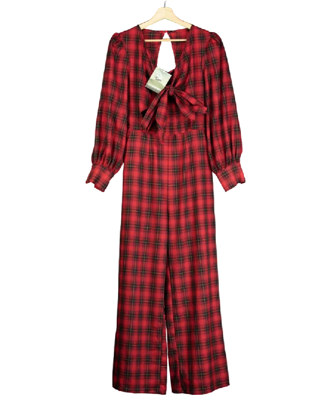 Women's Lapel Collar SweatersSomerset by Alice Temperley Red Check Tie Front Jumpsuit UK 10