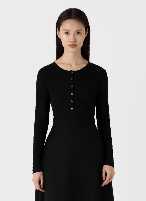 Women's Blouse with Mandarin CollarWomen's Rib Henley in Black