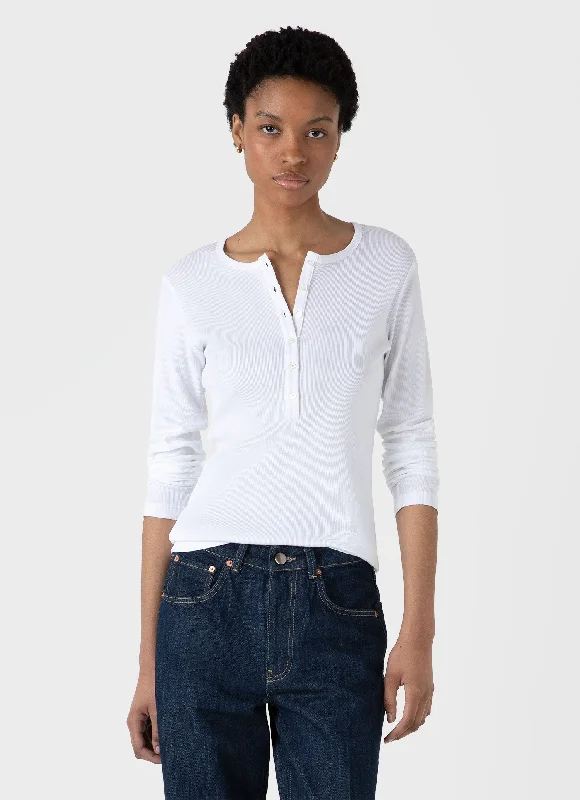 Women's Blouse with V-Shaped CollarWomen's Rib Henley in White