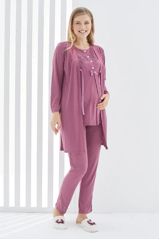 women's pajamas with a relaxed fitShopymommy 3407 Guipure 3-Pieces Maternity & Nursing Pajamas With Robe Plum