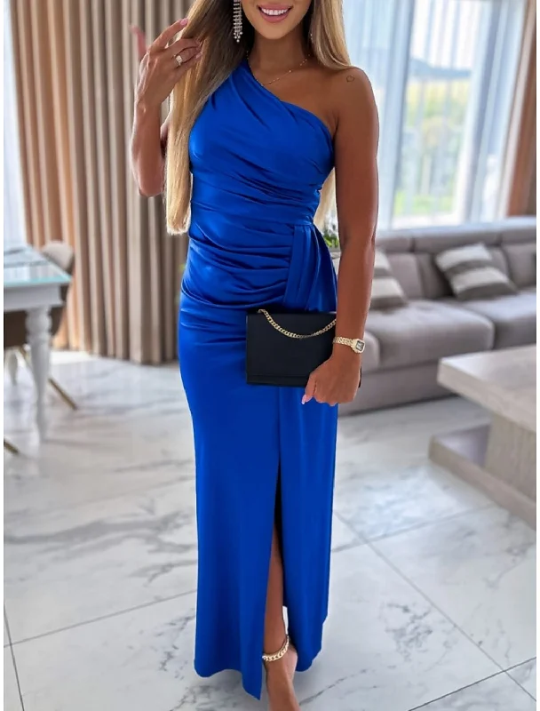 Women's V-Shaped Collar DressesWomen's Prom Dress Party Dress Satin Dress Long Dress Maxi Dress Blue Sleeveless Pure Color Ruched Spring Fall Winter One Shoulder Party Wedding Guest Evening Party Vacation