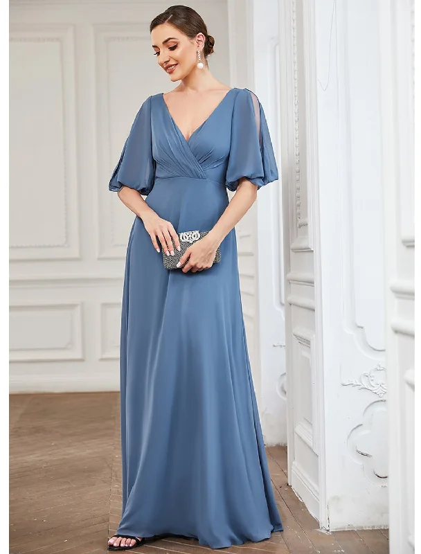 Women's U-Back DressesA-Line Evening Gown Minimalist Dress Wedding Guest Floor Length Half Sleeve V Neck Chiffon with Pleats Mother of the Bride Dresses