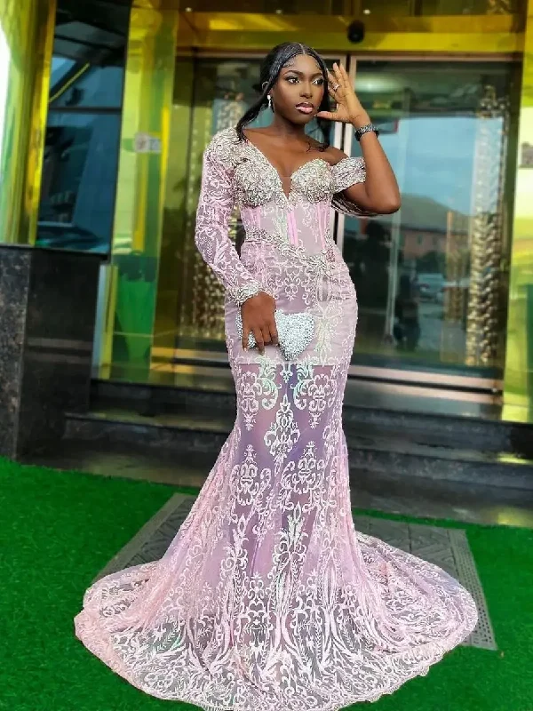 Women's U-Shaped Collar DressesSee Through Lace Mermaid Prom Dress With One Shoulder Appliques Beads One Shoulder Long Sleeves Evening Dress Aso Ebi Party Gown