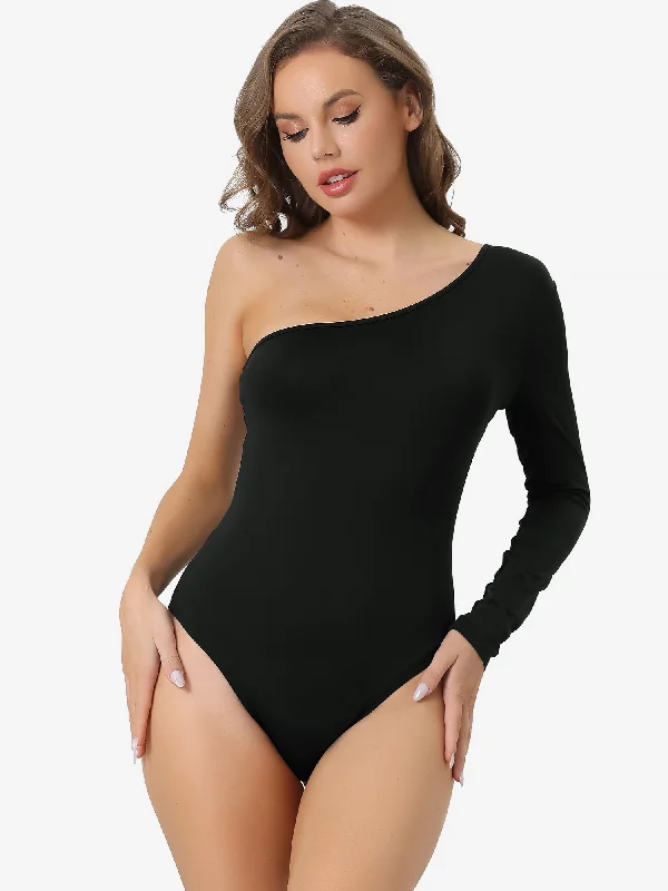 Women's Peter Pan Collar DressesOne Shoulder Stretchy Long Sleeve Bodycon Leotard Bodysuit