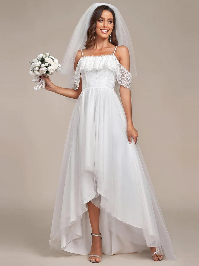 Women's Shawl Collar DressesMaxi Long Spaghetti Straps High Low Lace Wedding Dress