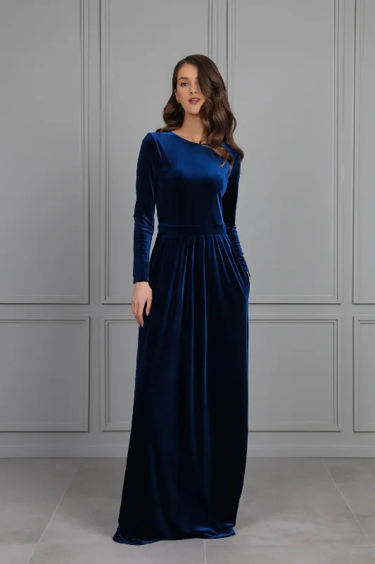 Women's Lapel Collar DressesWinter Bridesmaid Velvet Dress With Pockets Wedding Guest Dress Maxi Dress Elegant Formal Dress