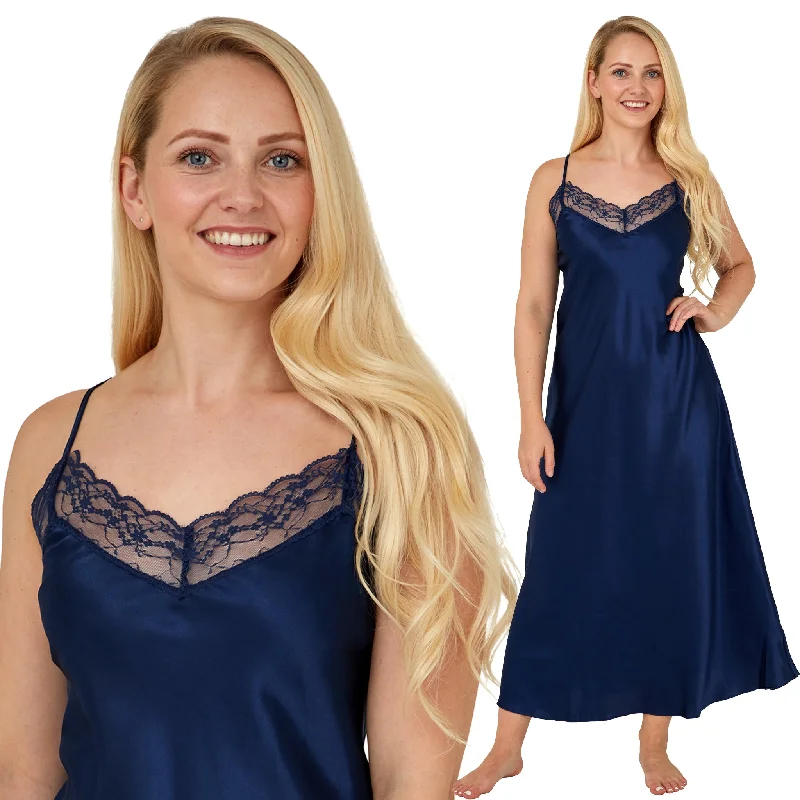 women's pajamas with a touch of elegance and sophisticationLong Full Length Navy Sexy Silky Shiny Satin Lace Nightdress Chemise Negligee PLUS SIZE