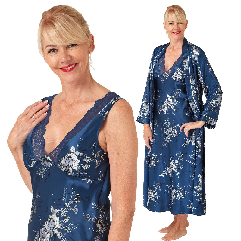 women's pajamas for yoga and meditationMatching Teal Blue Floral Sexy Satin Long Nightdress & Wrap Set Negligee Lingerie PLUS SIZE