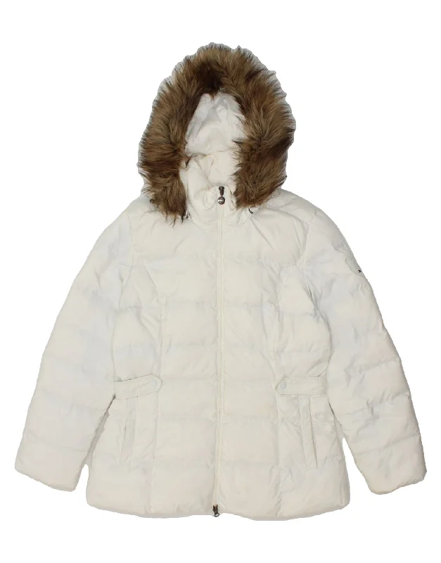 Women's Coats with Fur Trimmed ZipperTOMMY HILFIGER Womens Hooded Padded Jacket UK 18 XL White Polyester