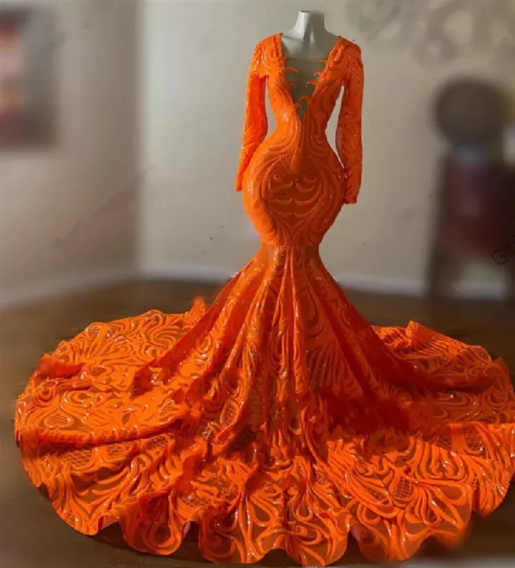 Women's Mandarin Collar DressesLuxury Orange O Neck Long Prom Dress For Black Girls Appliques Birthday Party Gown Mermaid Celebrity Dresses Robe De Soir