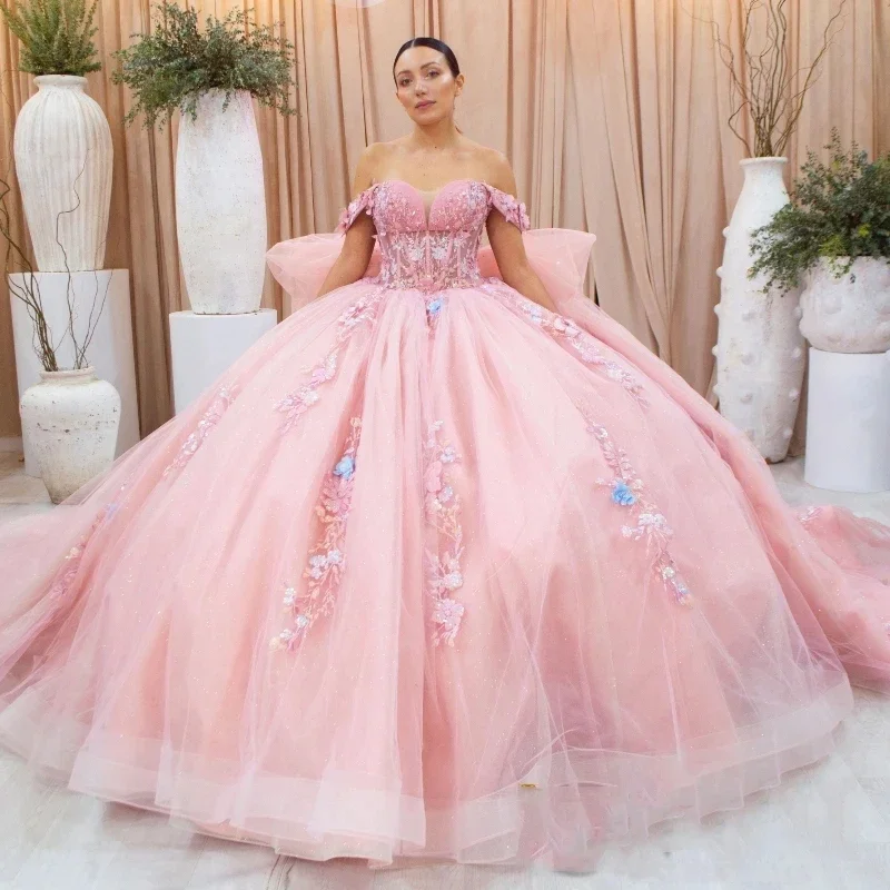 Women's Shirt Collar DressesMexico Pink Sweetheart Ball Gown Quinceanera Dress For Girls Beaded Appliques Lace Tull Birthday Party Gowns Prom Sweet vestidos