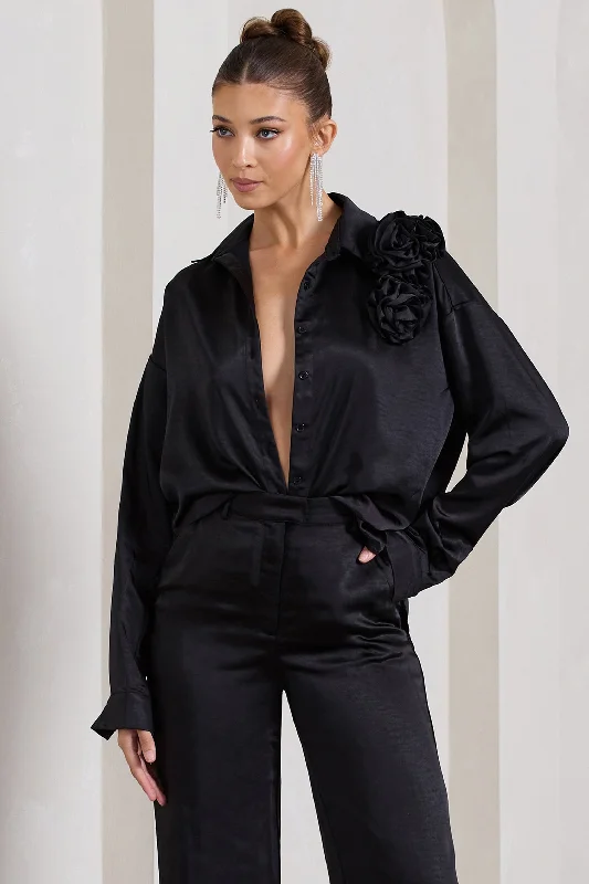 Women's Cotton BlouseRosanna | Black Satin Oversized Shirt With Flowers