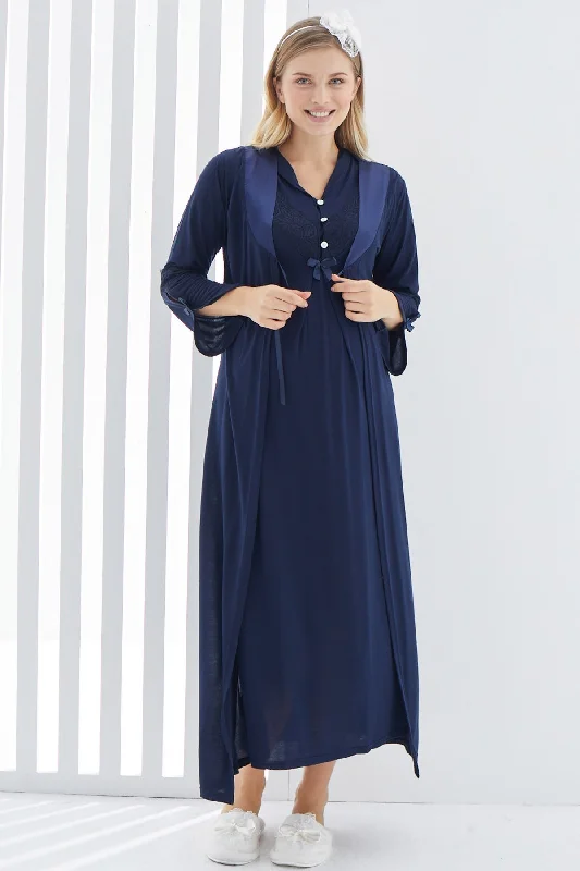 women's pajamas with an adjustable necklineShopymommy 2268 Guipure V-Neck Maternity & Nursing Nightgown With Robe Navy Blue