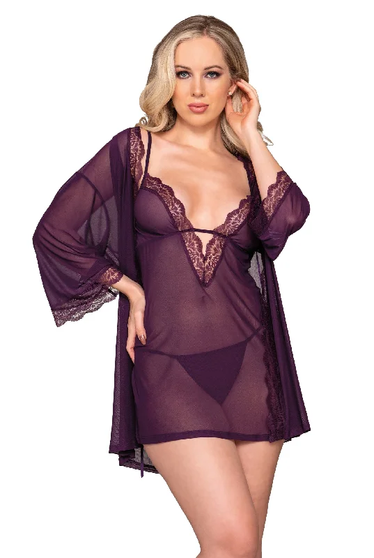 lace appliqué braStretch mesh chemise and robe set