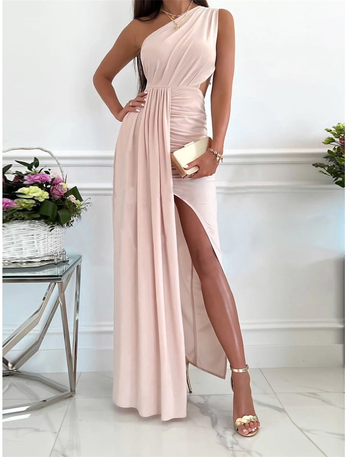 Women's Mandarin Collar DressesWomen‘s Prom Dress Wedding Guest Party Dress Homecoming Dress Formal Dress Long Dress Maxi Dress Pink Red Green Sleeveless Pure Color Backless Summer Spring Fall One Shoulder Party Evening