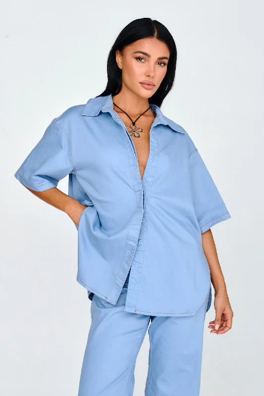 Women's Blouse with Notched CollarLight Aura Button Up Shirt Denim Blue