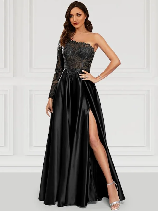 Women's Mandarin Collar DressesA-Line Prom Dresses Black Dress Party Wear Floor Length Long Sleeve One Shoulder Satin with Slit