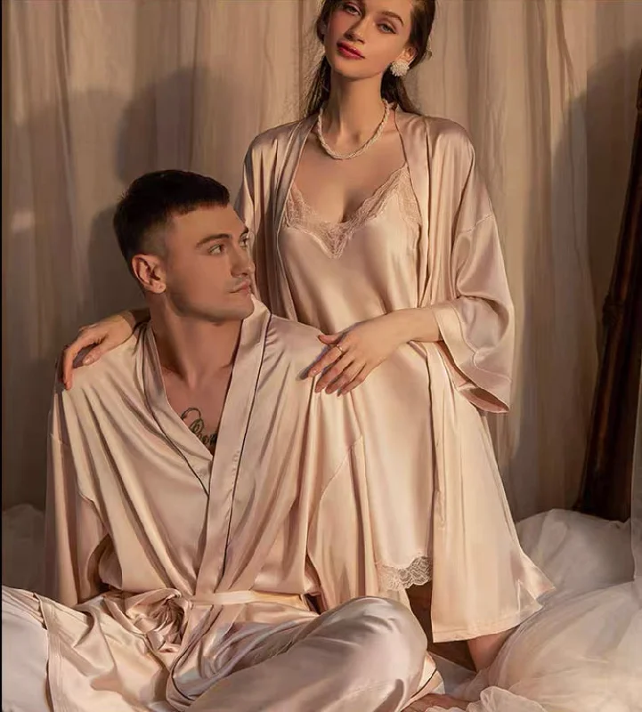 women's pajamas with hidden pocketsCouple Pajamas, Satin Pajama Set, Men Robe, Lingerie Set