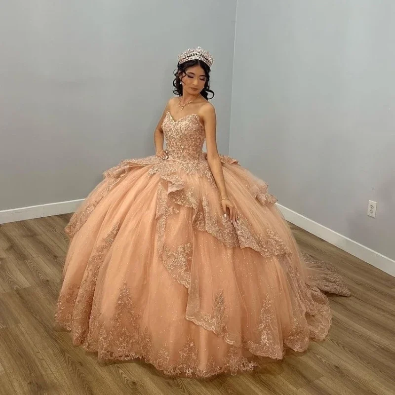 Women's Boat-Neck DressesMexico Champagne Shiny Off The Shoulder Ball Gown Quinceanera Dress Appliques Lace Beaded Birthday Party Gowns Sweet 16 vestidos