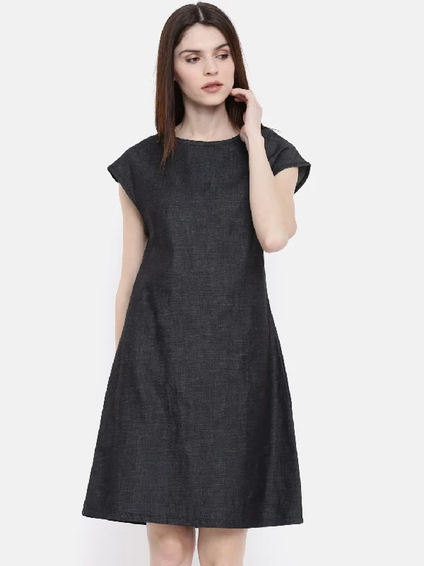 women's pajamas with a modern twistThe Navy Solid A-Line WFH Chambray Dress