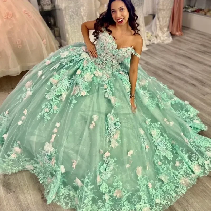 Women's Notched Collar DressesLuxury Green Princess Quinceanera Dresses Off Shoulder Sparkly 3DFlowers Appliques Crystal Vestidos De 15 Años Prom Party