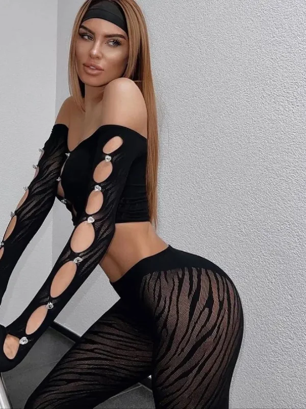 firm-compression bodysuit for jumpsuits2-Piece Slash Neck Long Sleeve Hollow Out Tops + Sheer Trousers Set