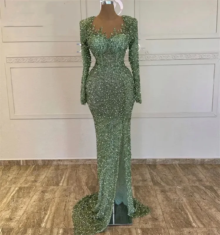 Women's Halter DressesLuxury Sequined Evening Dresses Mermaid Beads with Long Sleeve Women Green Formal Prom Graduation Party Gowns for Wedding