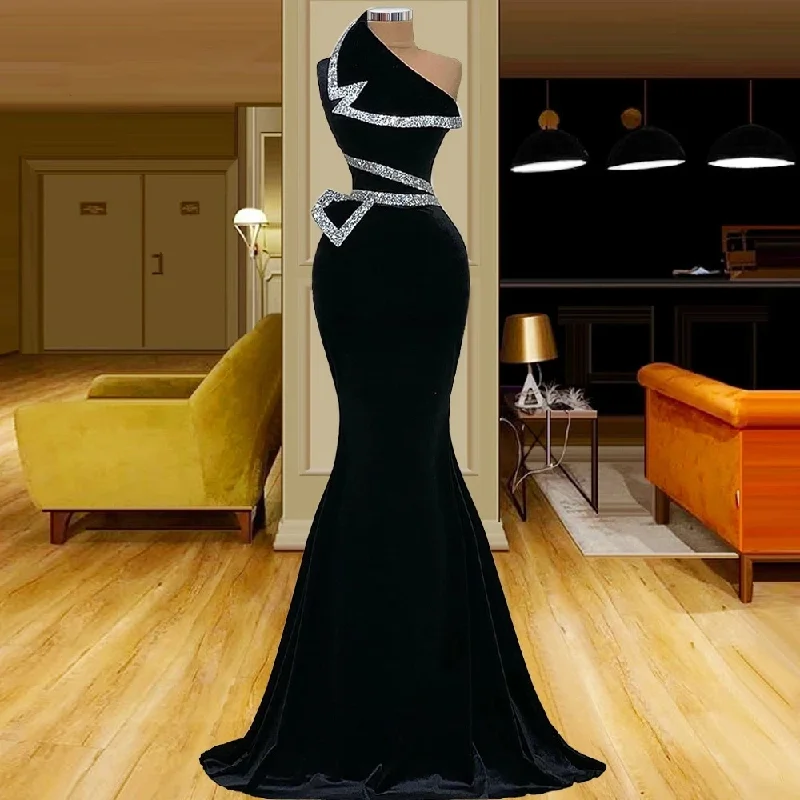 Women's V-Shaped Collar DressesNew Designer Black Evening Dresses Mermaid One Shoulder Long Prom Gowns Silver Beaded Plus Size Women Party Robes De Soirée