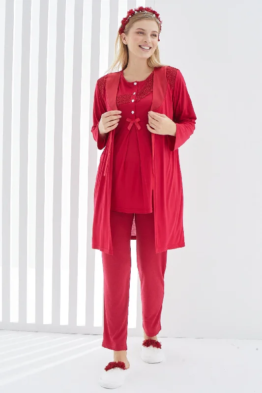 women's pajamas for everyday wearShopymommy 3407 Guipure 3-Pieces Maternity & Nursing Pajamas With Robe Red