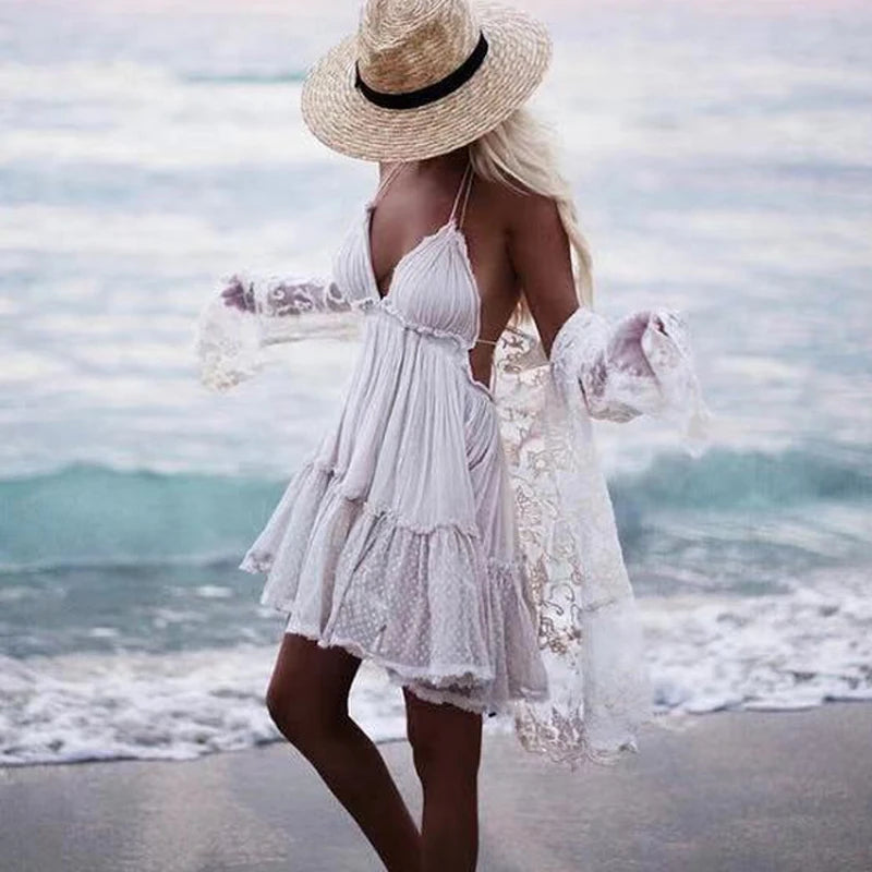 Women's Sweetheart-Neck DressesFashionSierra-Sexy  Deep V Neck  Sleeveless  Backless  Mini  Women  Summer  Beach  Lace  Vestidos  2024  Boho Dress