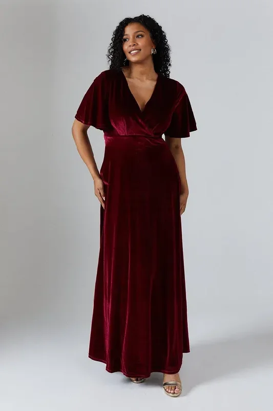 Women's Mandarin-Neck DressesV Neck Angel Sleeve Velvet Bridesmaids Maxi Dress Floor-length Wedding Guest Dresses