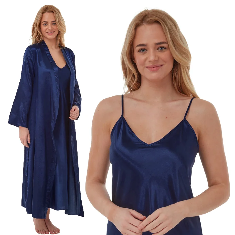 women's pajamas for those who seek ultimate relaxationMatching Long Full Length Navy Sexy Satin Nightdress & Wrap Set Negligee Lingerie PLUS SIZE