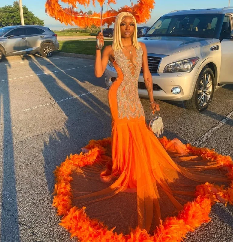 Women's Square-Neck DressesSparkly Orange O Neck Long Prom Dress 2024 Simply Birthday Party Dresses Beaded Crystal Evening Gowns Feathers Gown Robe De Bal