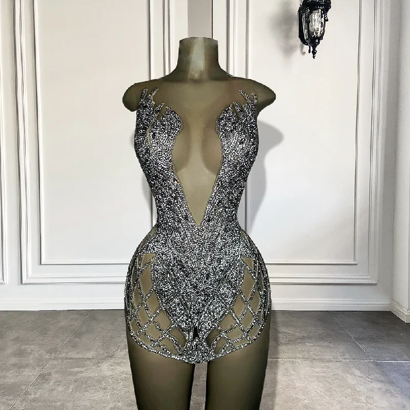 Women's Sleeveless DressesLuxury Sparkly Silver Diamond Women Formal Occasion Birthday Party Gowns Sexy See Through African Black Girls Short Prom Dresses