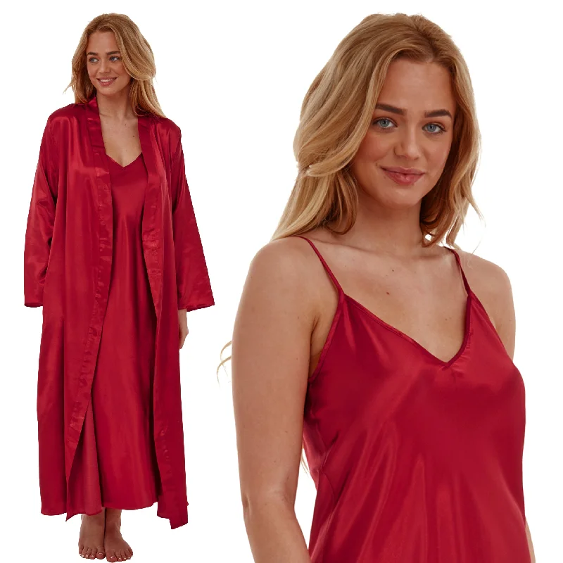 women's pajamas with a classic designMatching Long Full Length Red Sexy Satin Nightdress & Wrap Set Negligee Lingerie PLUS SIZE