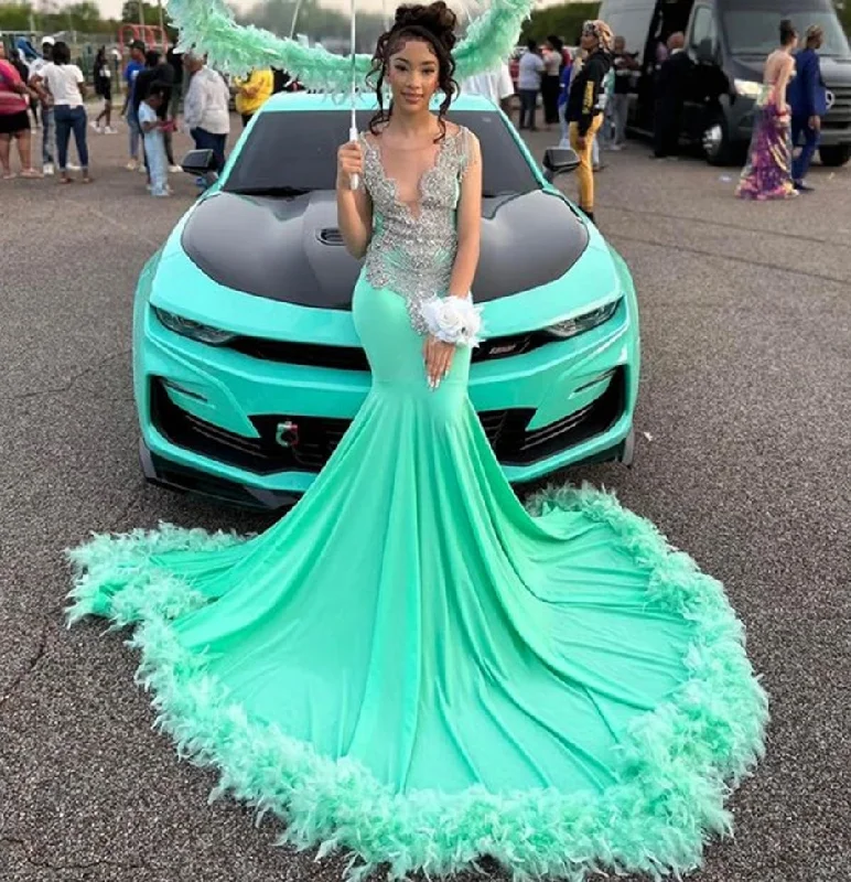 Women's Low Collar DressesMint Green Feathers Sliver Crystal Beading Prom Dresses 2024 Luxury Gowns Mermaid Dress For Party Wedding Evening O Neck Formal