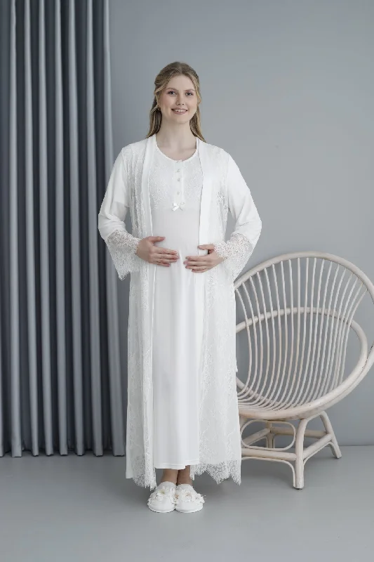 women's pajamas for those who want to feel pampered and lovedShopymommy 2405 3-Piece Maternity and Nursing Nightgown Set, Front-Buttoned with Lace Sleeve Robe, Ecru