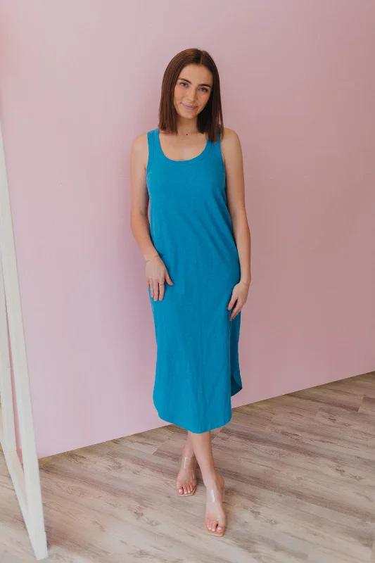 Women's Shawl Collar DressesZ Supply Easy Going Blue Cotton Midi Dress