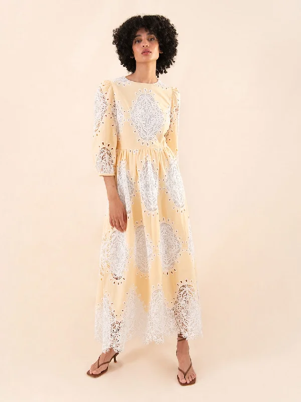 Women's Mandarin Collar DressesConstance Round Neck Lace Midi Dress - Pale Yellow - SALE