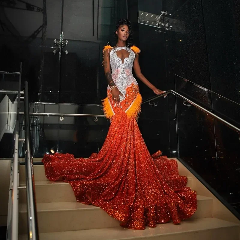 Women's Notched Collar DressesLuxury Orange Prom Dresses For Black Girls Feathers Rhinestone Sequin Mermaid Party Gowns Afrcian Women Crystal Evening Dress