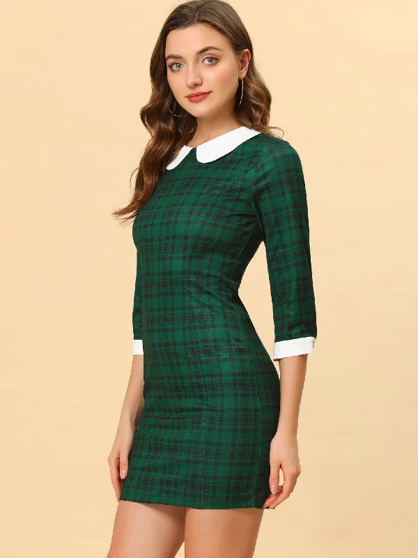 Women's Shawl Collar DressesContrast Peter Pan Collar Keyhole Back Plaid Bodycon Dress