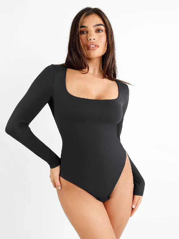 plus-size thigh slimmer with high compressionCloudSense Seamless Square-Neck Long-Sleeve Bodysuit