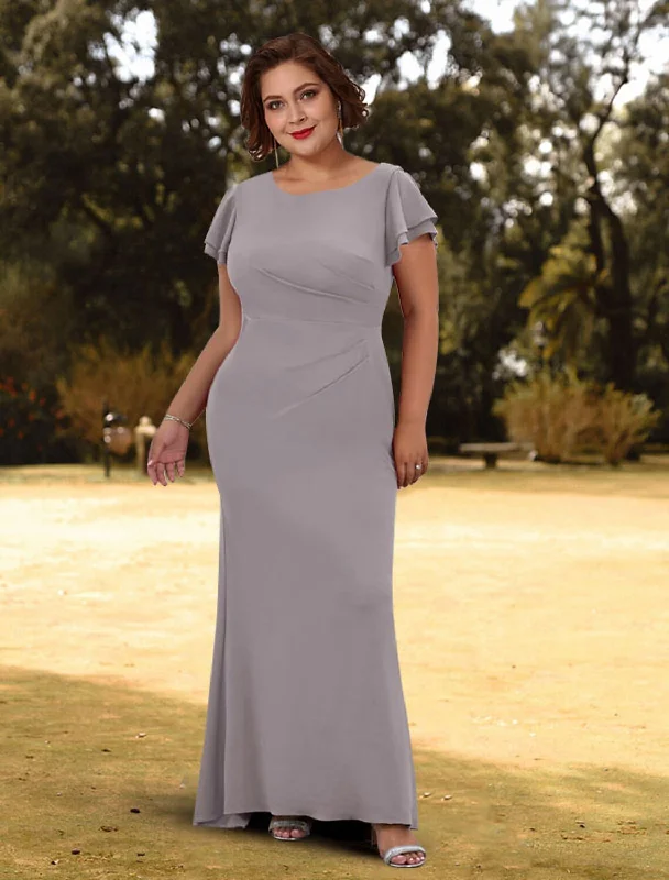 Women's Narrow-Neck DressesSheath / Column Evening Gown Minimalist Dress Wedding Guest Sweep / Brush Train Short Sleeve Jewel Neck Stretch Fabric with Sleek Pure Color