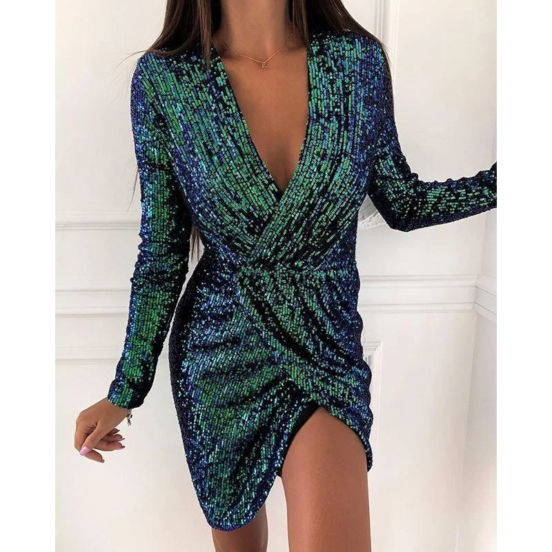 Women's One-Shoulder DressesFashionSierra - Women Long Sleeve V-neck Mini Party Dress Sequin Sexy Vestidos