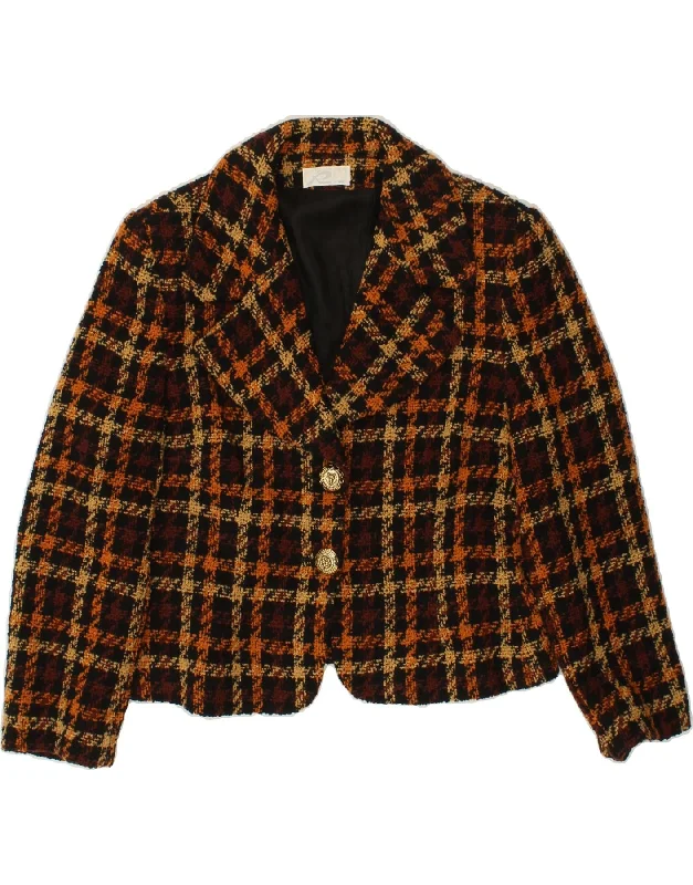 Women's Coats with Fur Trimmed CollarVINTAGE Womens 2 Button Blazer Jacket IT 46 Large Brown Check Wool