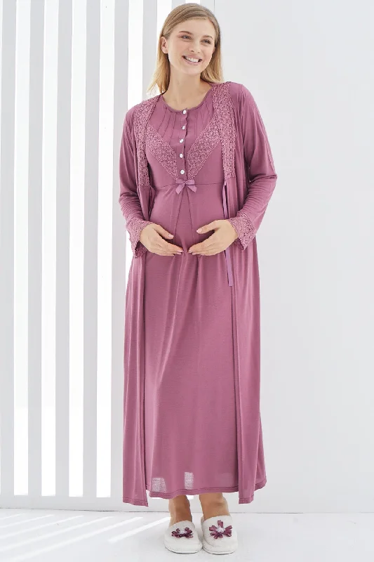 women's pajamas with a charming floral patternShopymommy 2270 Lace Detailed Maternity & Nursing Nightgown With Robe Plum