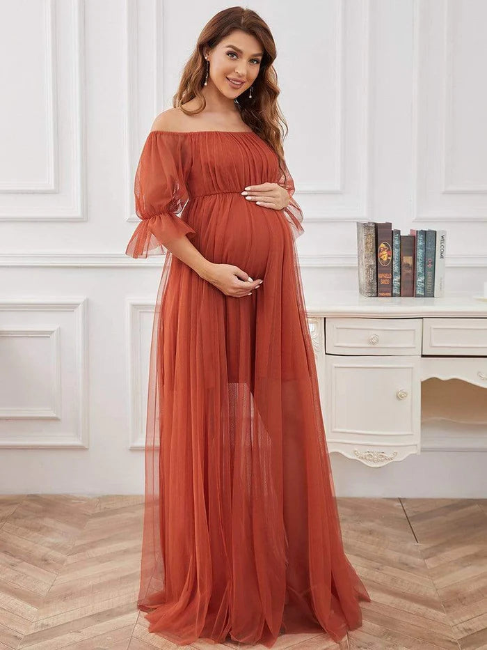 Women's Peter Pan Collar DressesSheer Off-Shoulder Double Skirt Maxi Maternity Dress