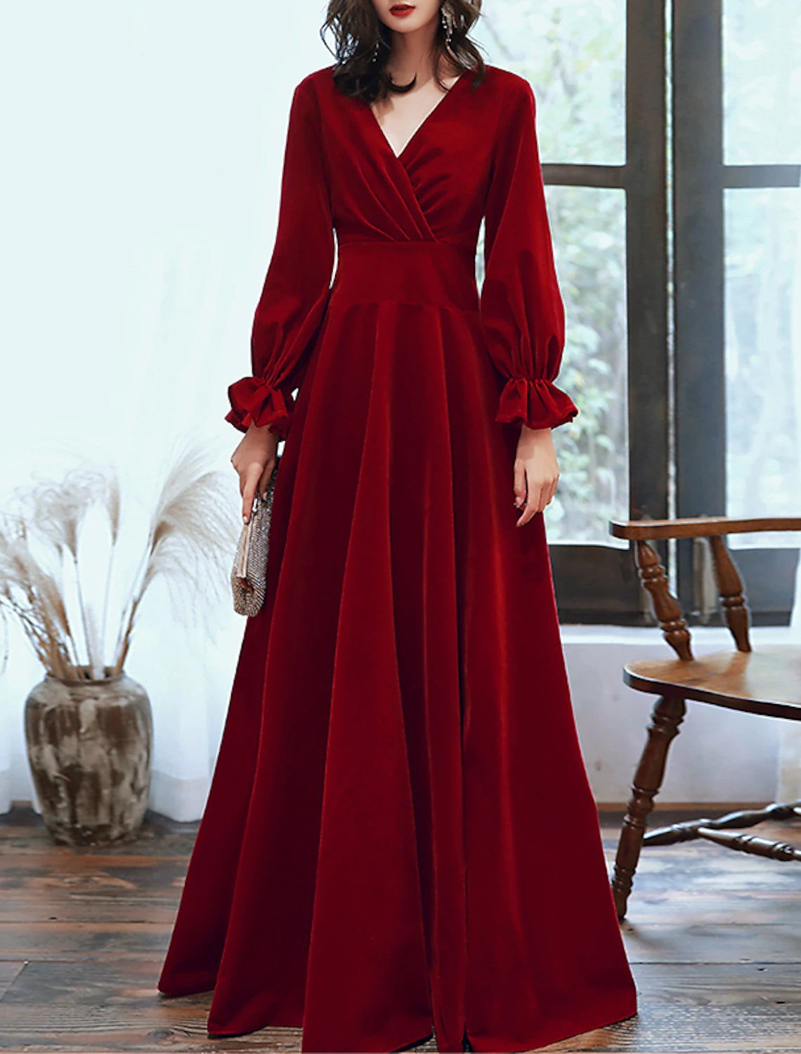 Women's Cold-Shoulder DressesA-Line Minimalist Elegant Engagement Formal Evening Dress V Neck Long Sleeve Floor Length Velvet with Pleats Ruffles