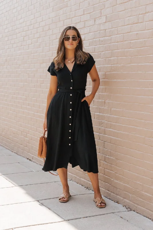 Women's High Collar DressesBlack Button Down Tie Midi Dress